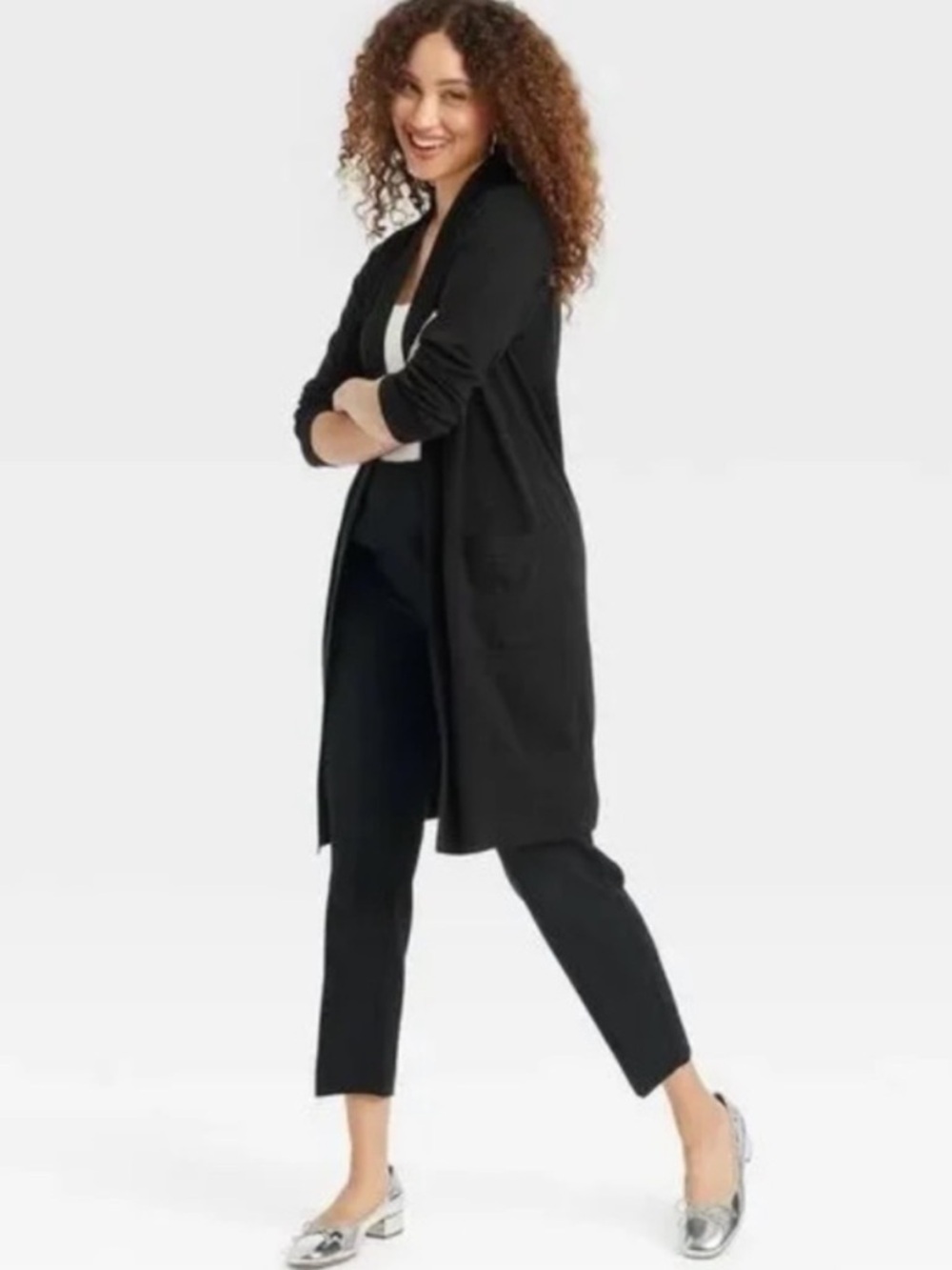 A New Day Women’s Long Open-Front Black Cardigan Sweater S - Picture 3 of 4